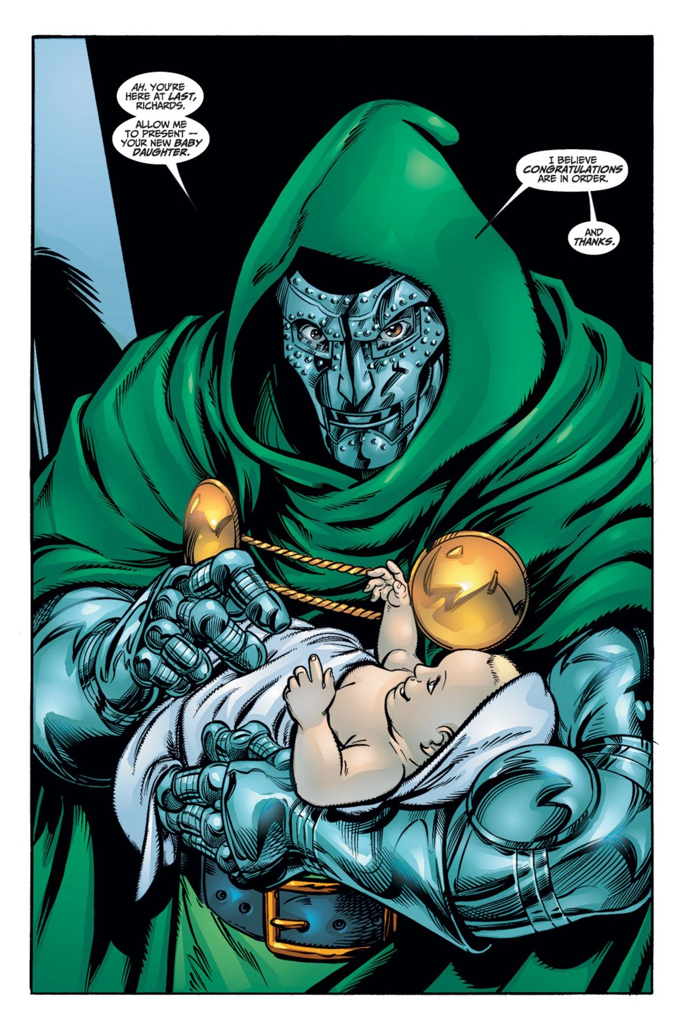 Comic book page: Doctor Doom delivers Valeria Val Richards