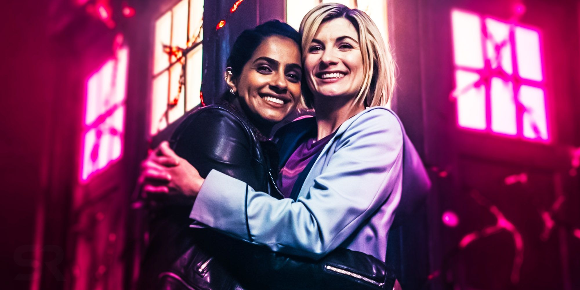 The Thirteenth Doctor Who played by Jodie Whittacker and Companion Yaz played by Mandip Gill hug in front of the TARDIS with a purple overlay in Doctor Who.