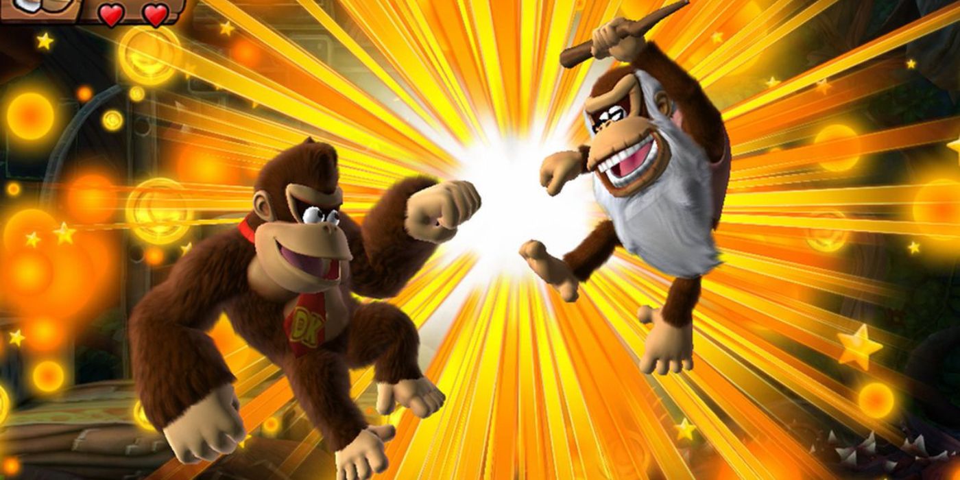 Donkey Kong and Cranky Kong celebrate together