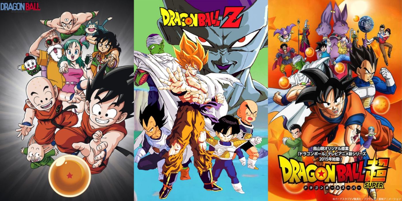 Imagem dividida da arte-chave do anime Dragon Ball, Dragon Ball Z e Dragon Ball Super.