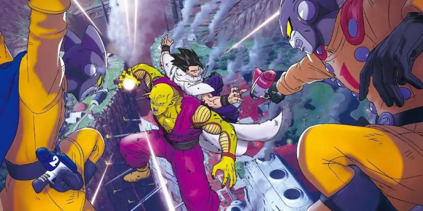 Dragon Ball Super: Super Hero key art featuring Piccolo and Gohan fighting Gamma 1 and Gamma 2.