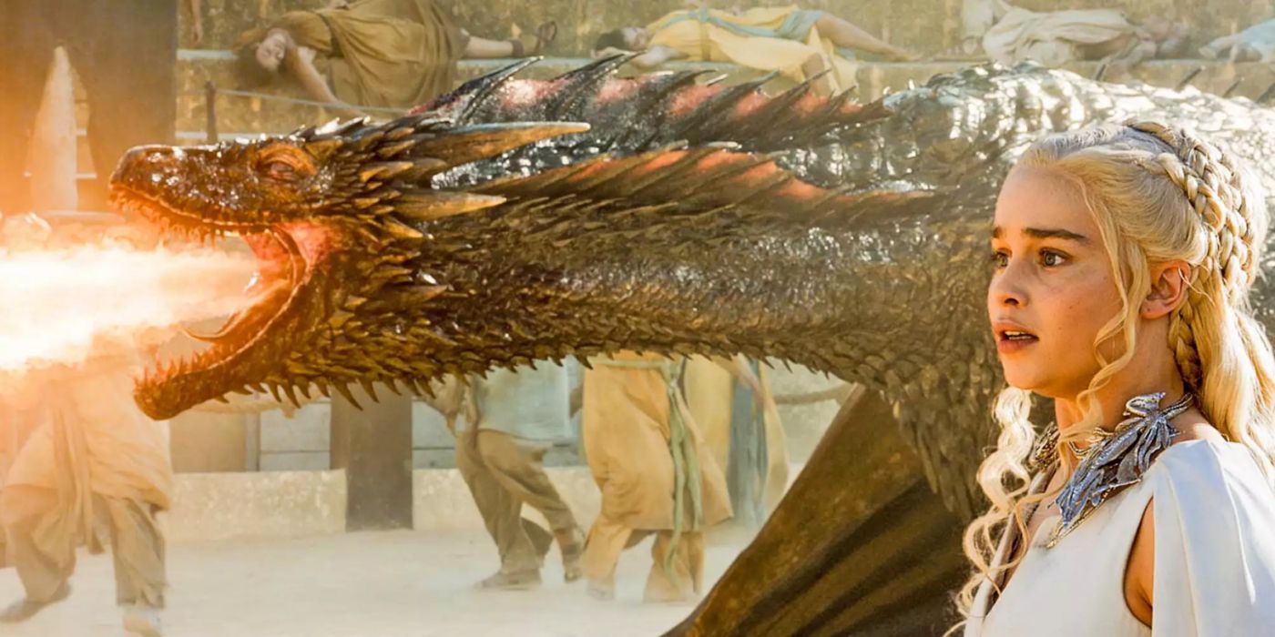 Daenerys com Drogon enquanto ele cospe fogo no Fighting Pits em Game of Thrones.