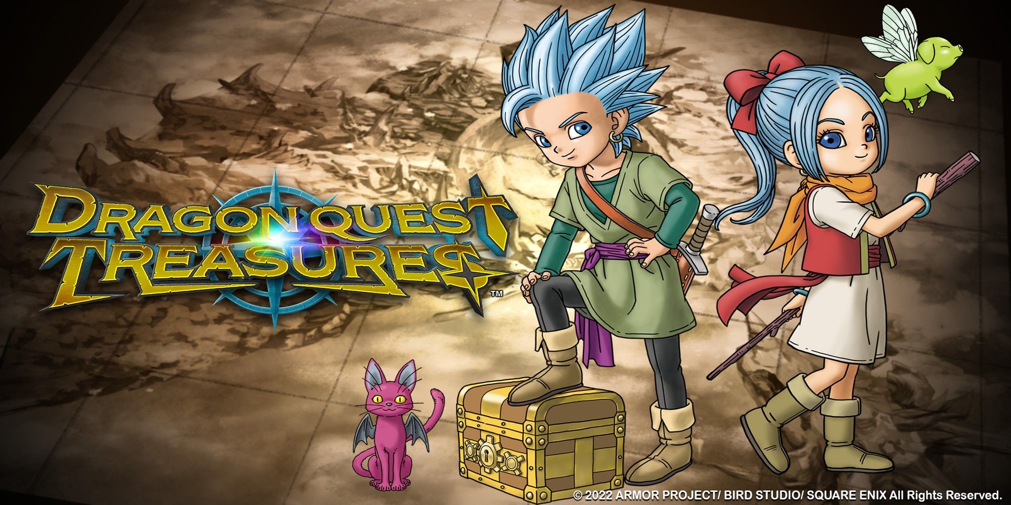 Dragon Quest Treasures Key Art showing the main characters with treasure.