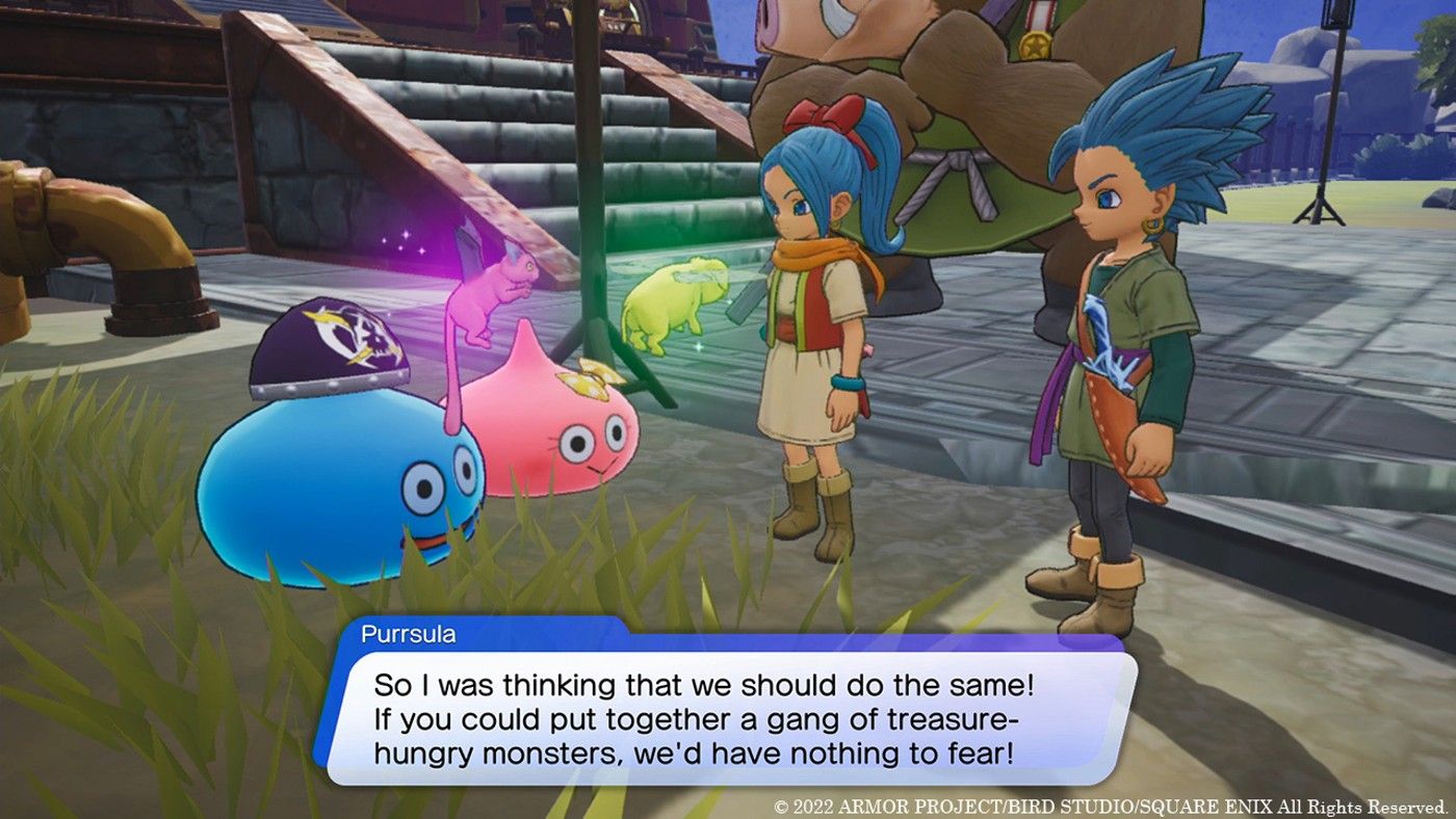 Dragon Quest Treasures Purrsula dialogue with two Slimes.