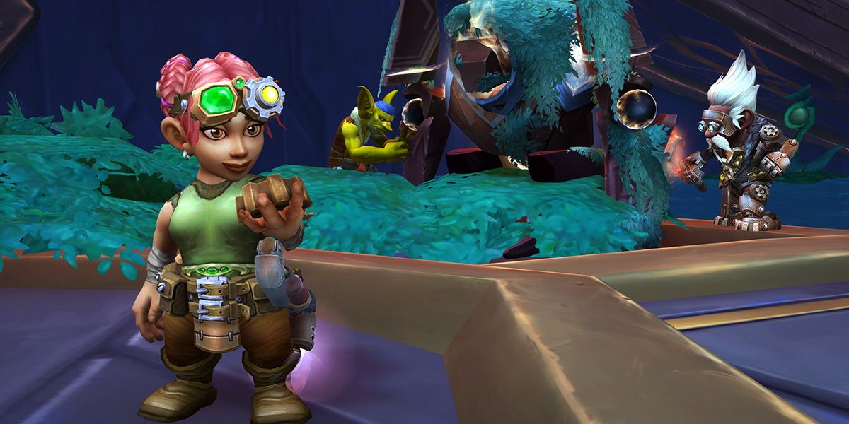 For the World of Warcraft Dragonflight, an image of a pink haired gnome looking at a cog, with others working behind her.