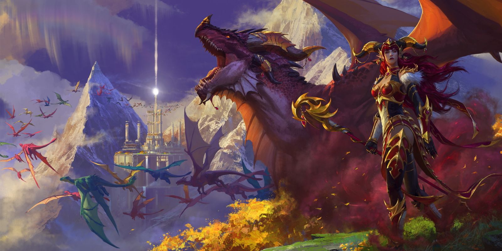 Cover image of the World of Warcraft Dragonflight expansion, featuring Alexstrasza standing next to a dragon and watching hundreds of dragons fly toward a city above the mountains