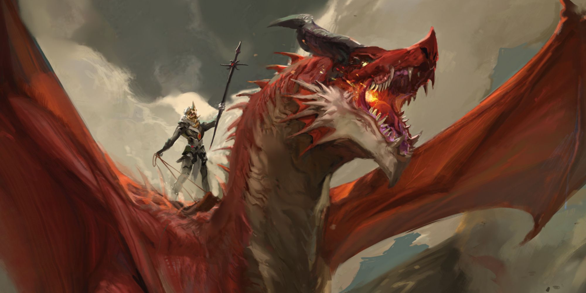 A dragon rider on the back of a red dragon from D&D's Dragonlance: Shadow of the Dragon Queen
