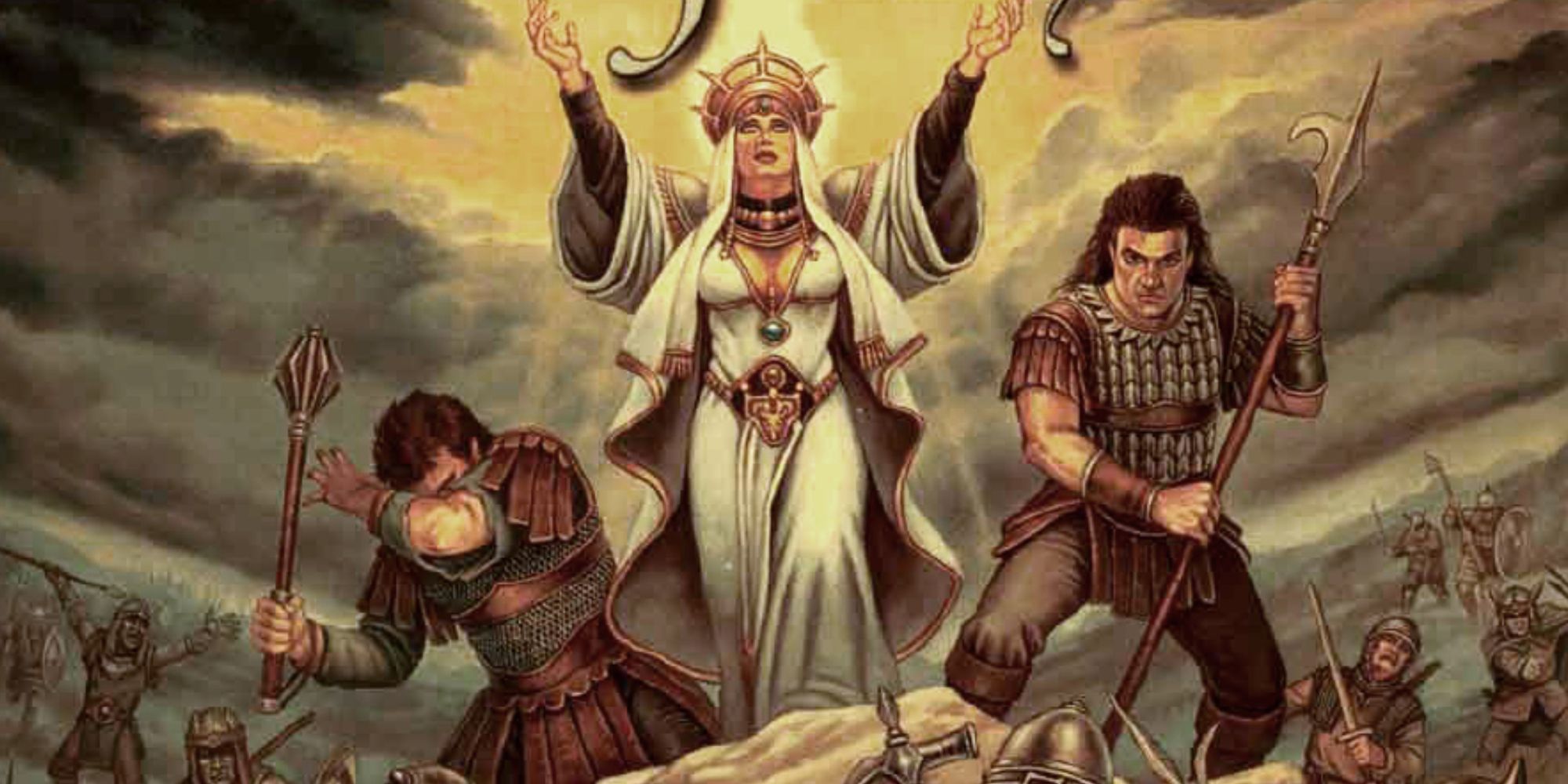 The cover art to Dungeons & Dragons Bastion of Faith book, depicting a cleric summoning light