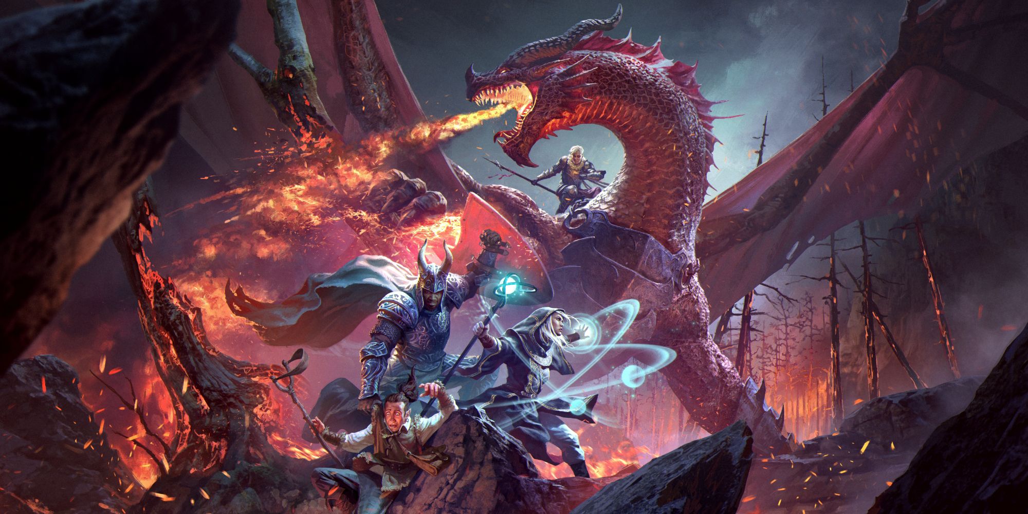 Een rode draak roostert een groep avonturiers in Dragonlance Shadow of the Dragon Queen.