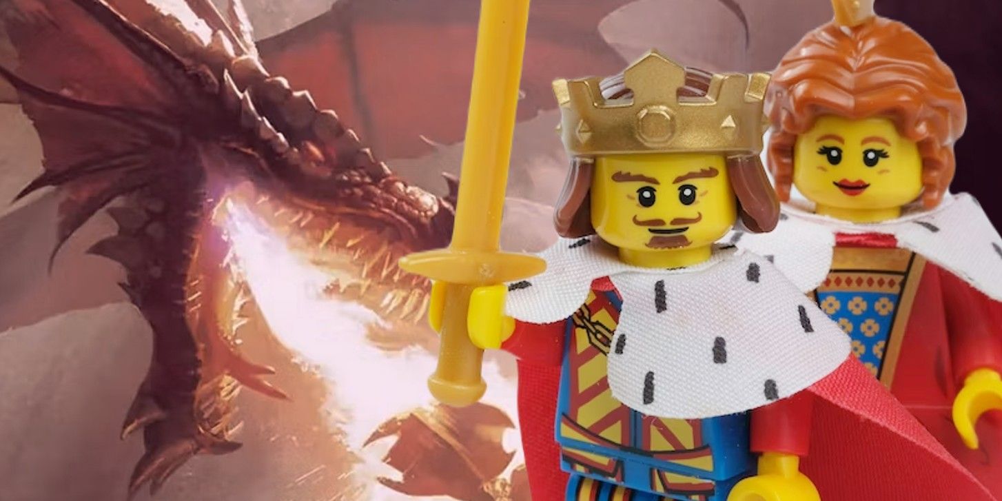 LEGO King and Queen Minifigures in front of D&D Dragon background