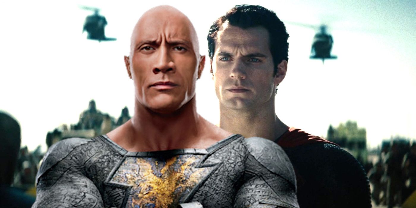 Dwayne Johnson's Black Adam looking stern with arms folded backdropped by Henry Cavill's Superman looking concerned as helicopters hover behind him