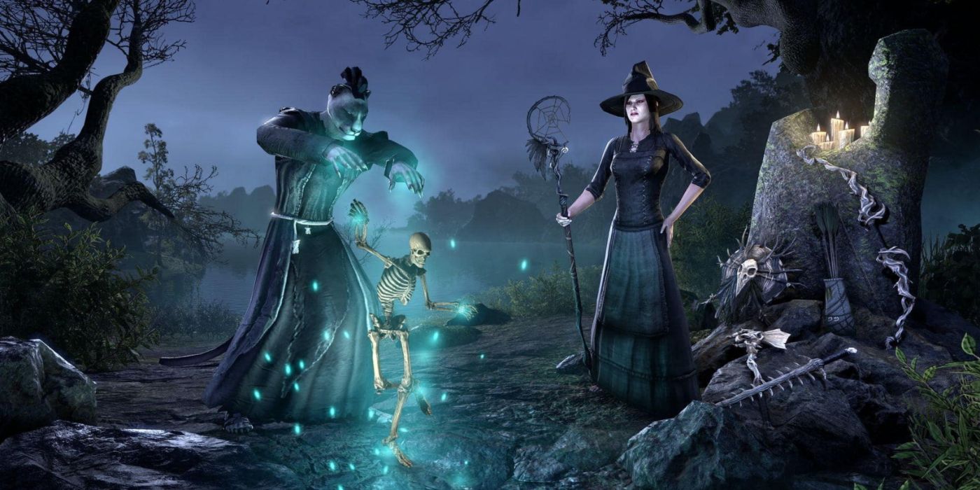 Promo art of a Khajiit and a witch reanimating a skeleton in The Elder Scrolls Online.