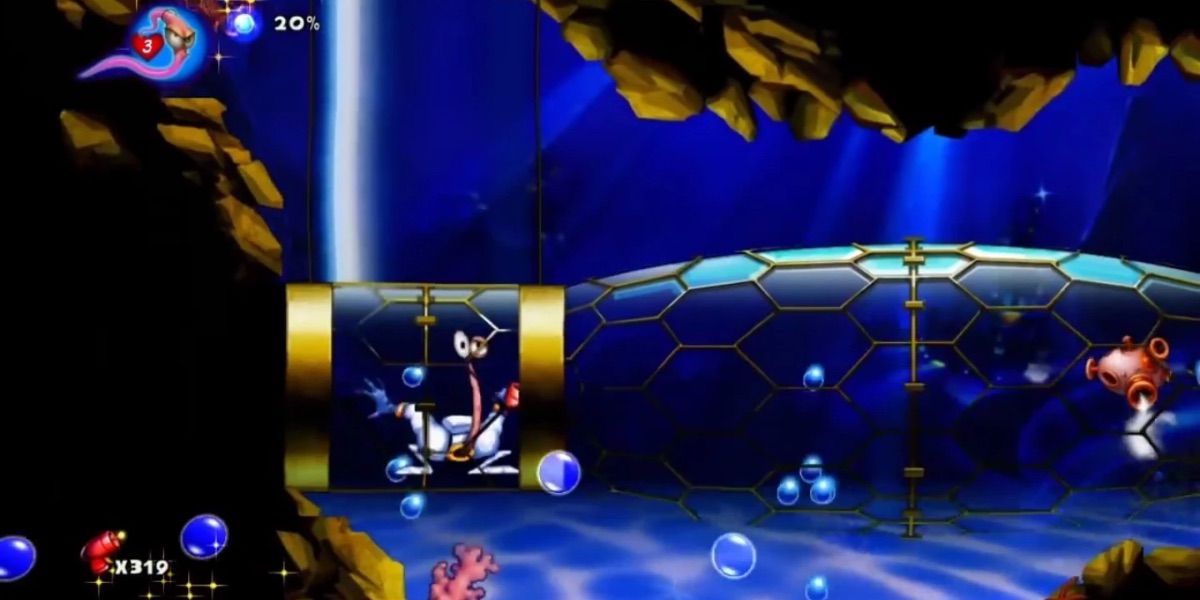 Jim is attacked by an enemy in Earthworm Jim 
