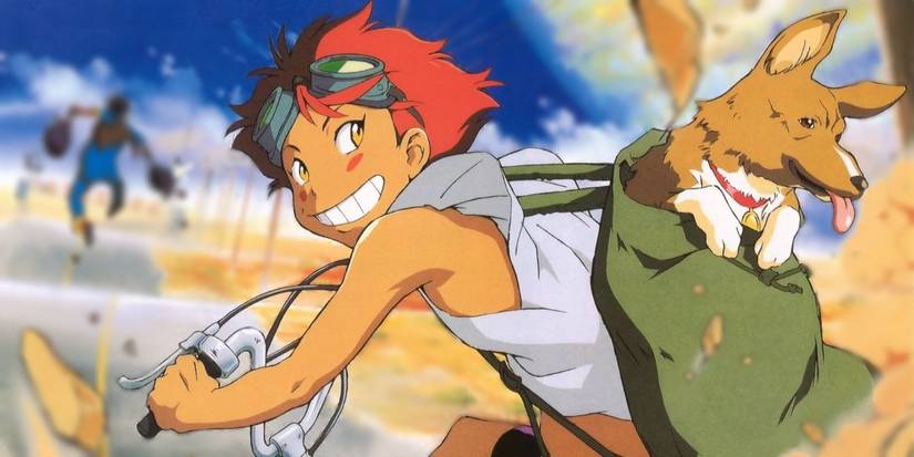 Cowboy Bebop's Ed riding her bike with Ein on her back.