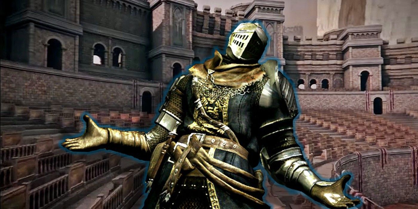 A Dark Souls knight shrugging their shoulders over a backdrop of Elden Ring's colosseum.