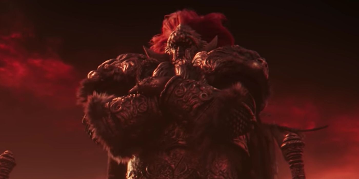 Elden Ring's General Radahn, standing in his full, red-maned armor with this arms crossed.