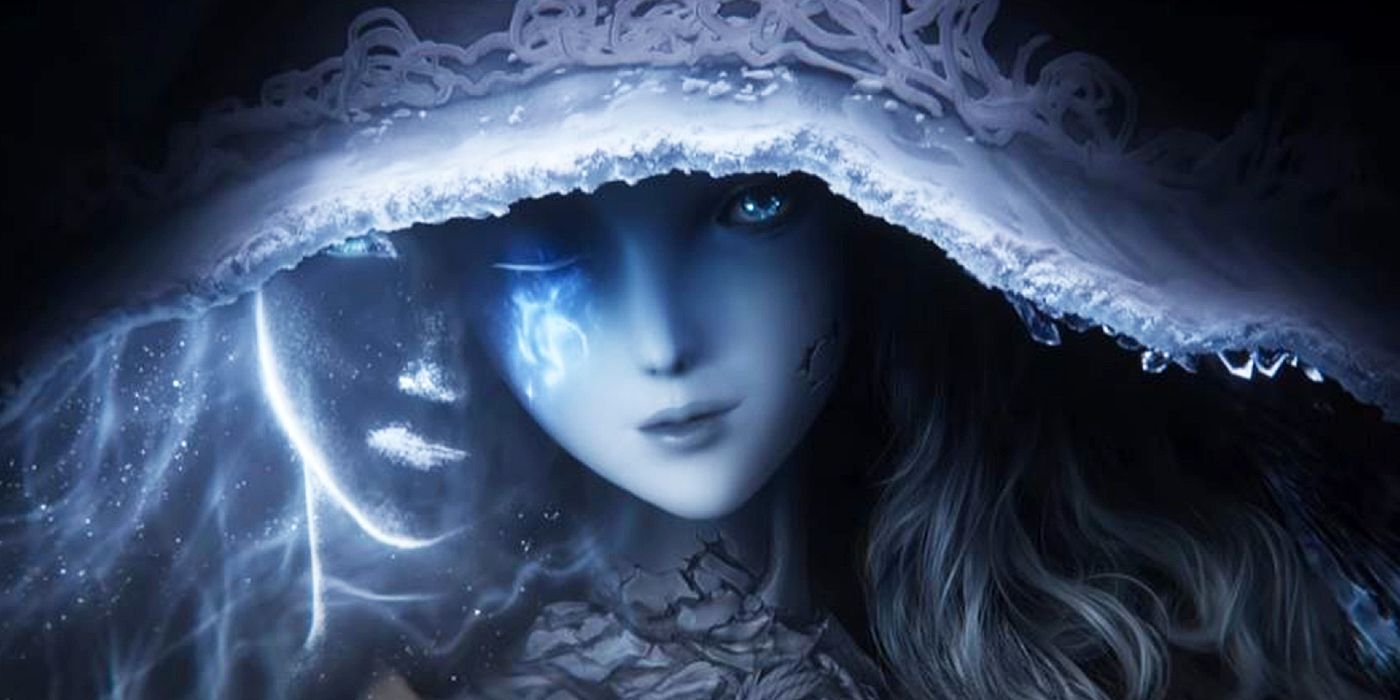 Image of the blue porcelain Snow Witch doll inhabited by the Empyrean Ranni in Elden Ring.
