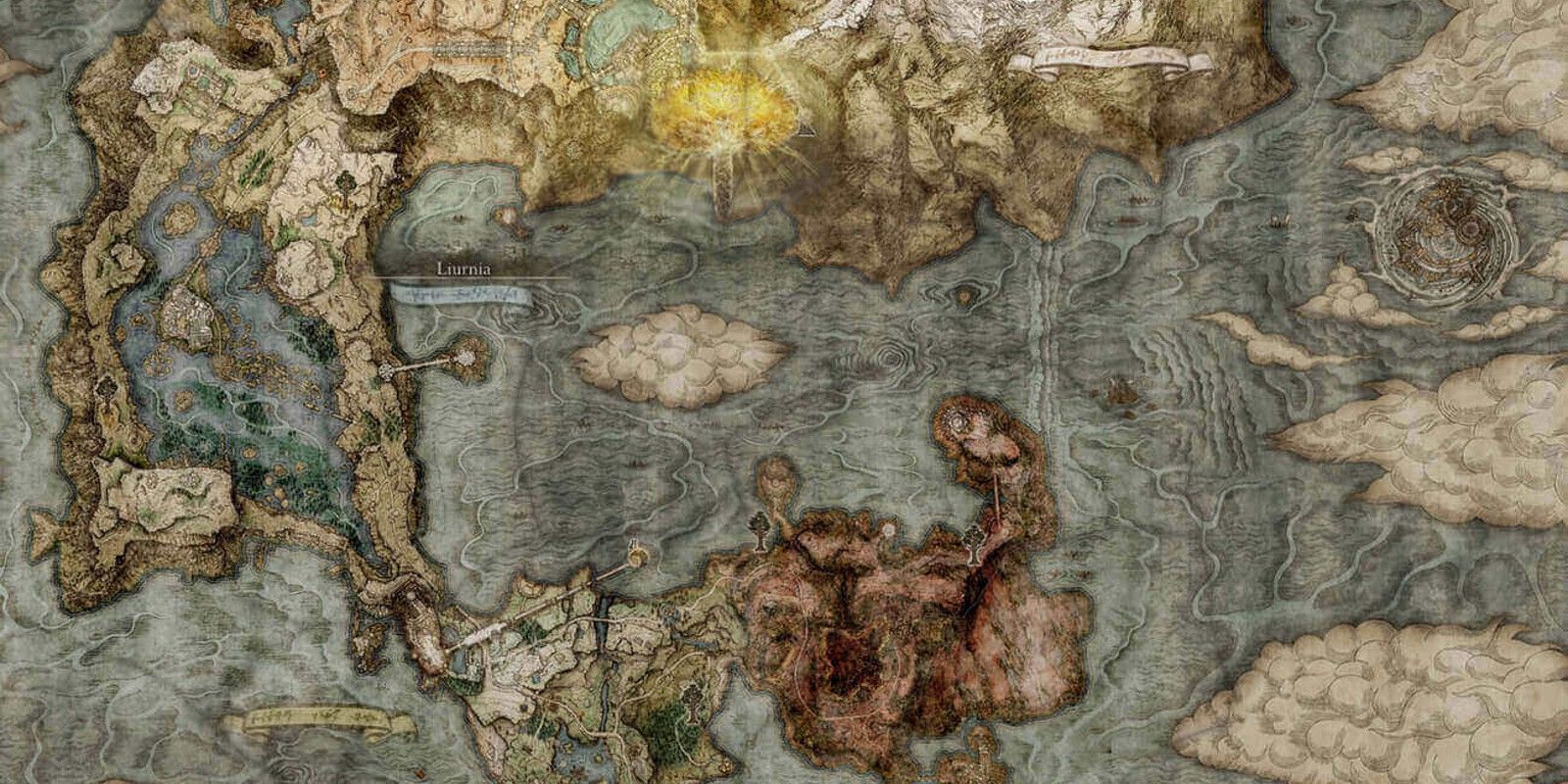 A colored image of The Lands Between map of Elden Ring, featuring a cloud in the center of the map.