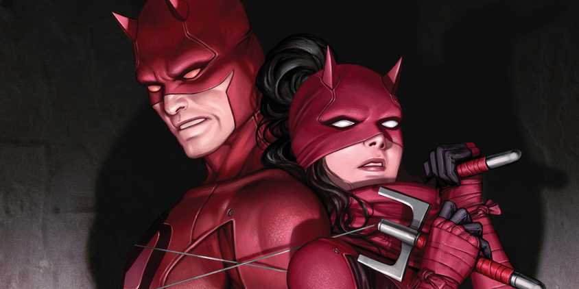 Comic book art: Elektra Natchios and Matt Murdock both as Daredevil on the cover of Devil's Reign Omega (2022)