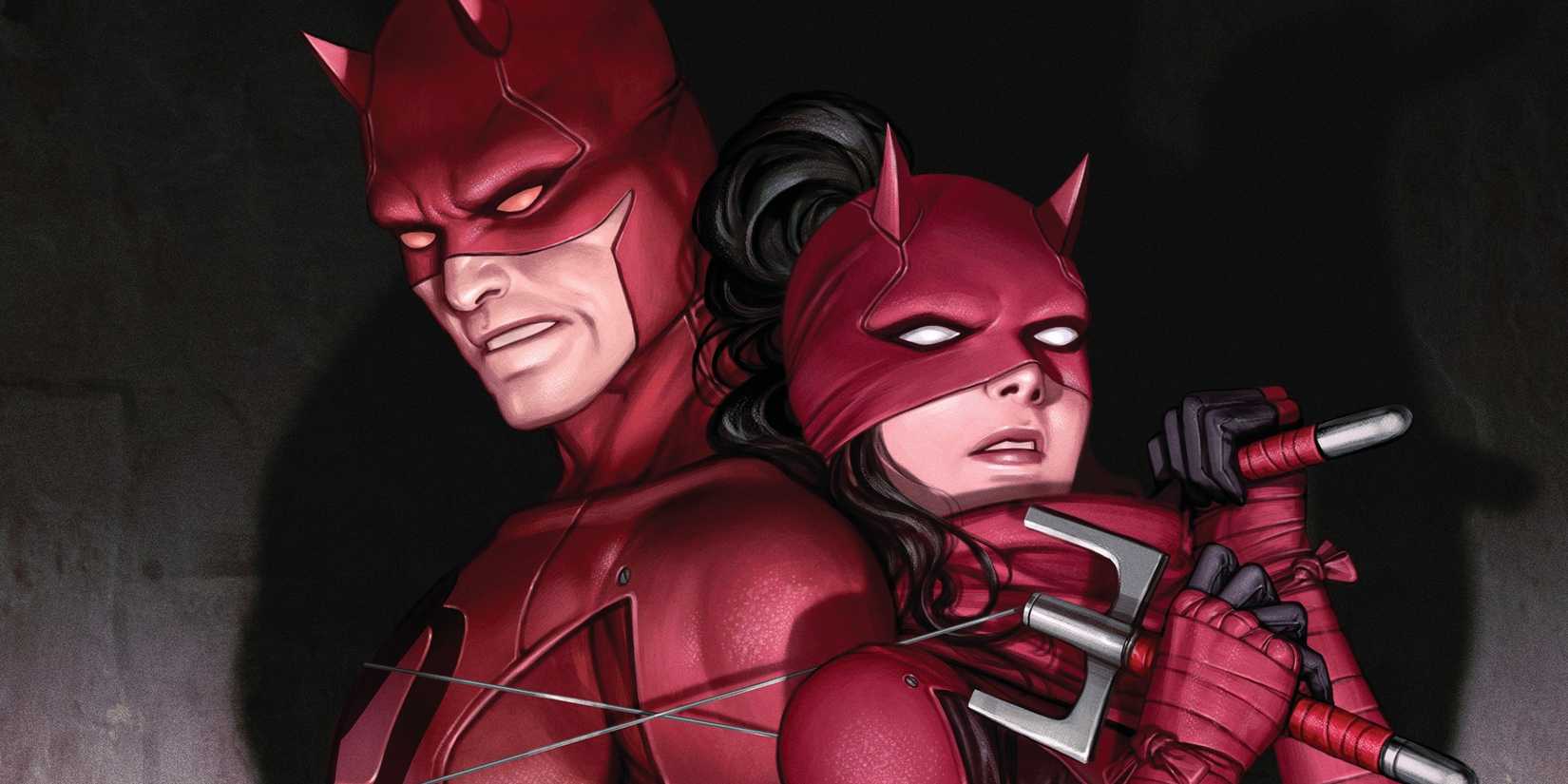 Comic book art: Elektra Natchios and Matt Murdock both as Daredevil on the cover of Devil's Reign Omega (2022)
