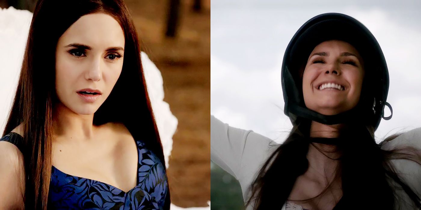 Split image of Elena waking up from her coma and Elena standing on top of a motorcycle laughing in The Vampire Diaries.