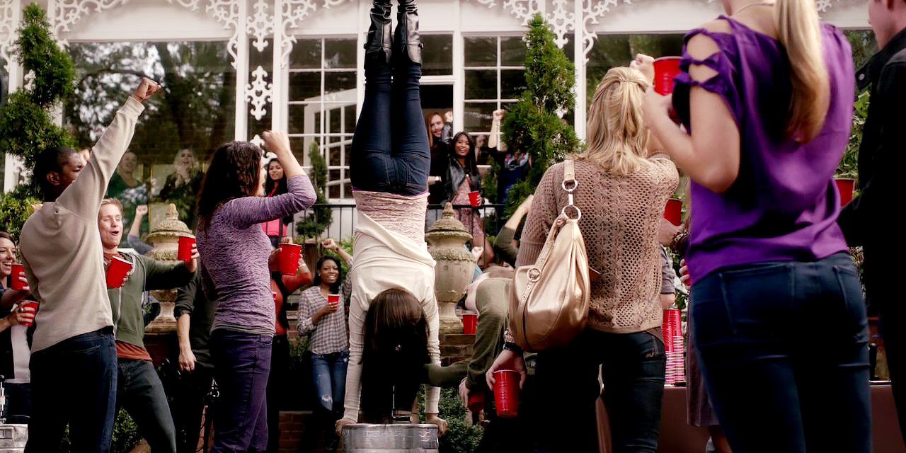 Elena doing a kegstand on The Vampire Diaries