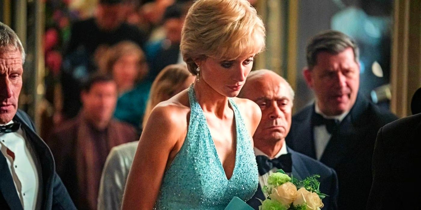 Elizabeth Debicki as Princess Diana in a dress and holding flowers in The Crown Season 5