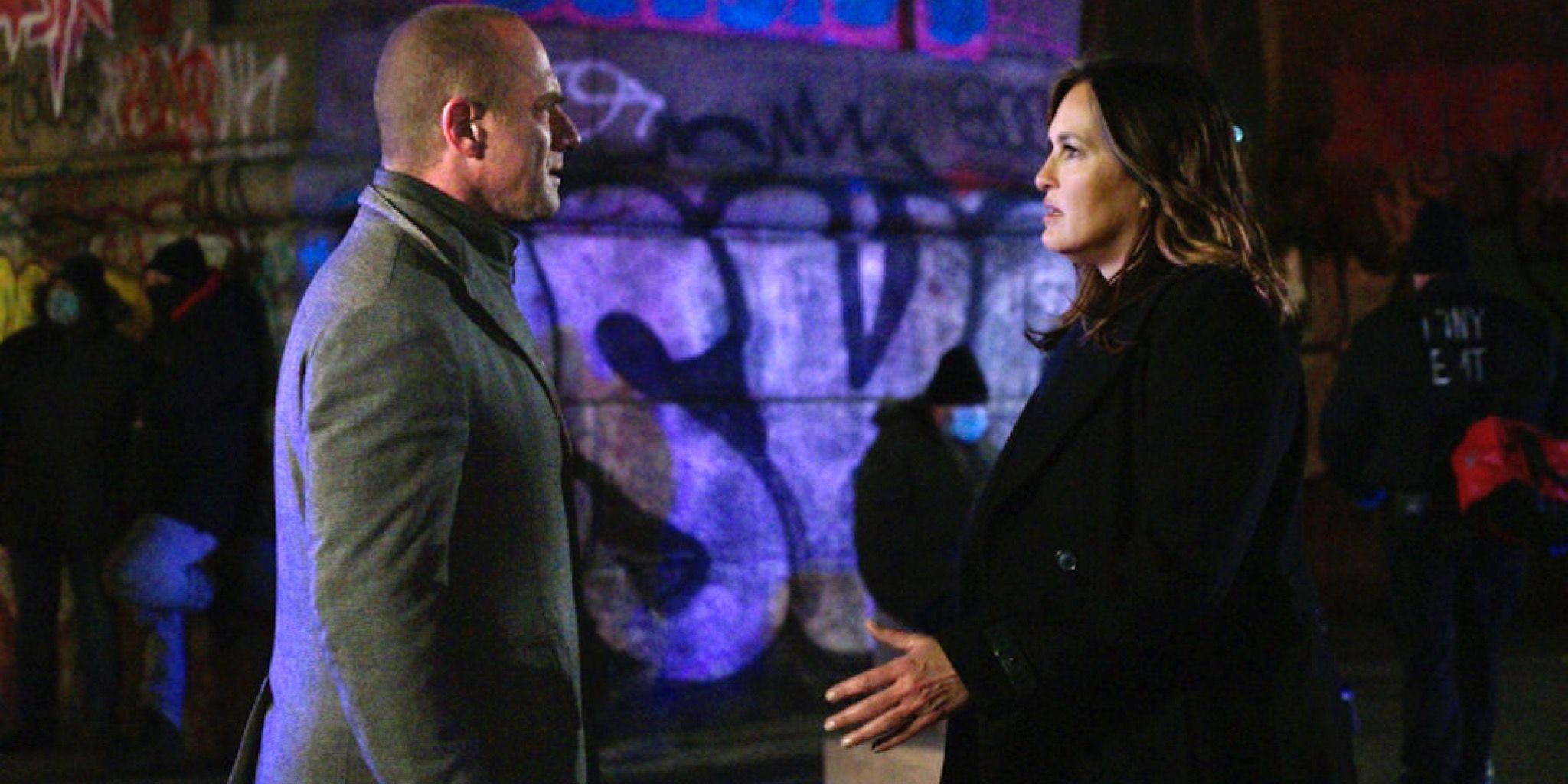 Elliot Stabler (Christopher Meloni) and Olivia Benson (Mariska Hargitay) on Law &amp; Order: Organized Crime (2021-)