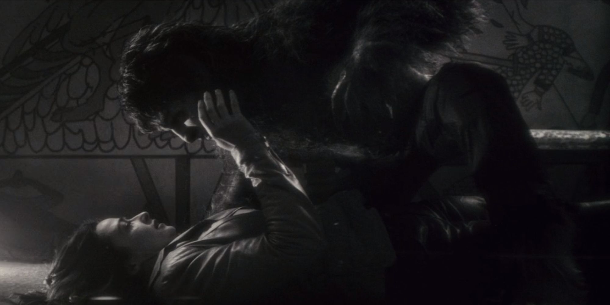 Elsa Bloodstone trying to calm down Werewolf on the ground in Werewolf By Night