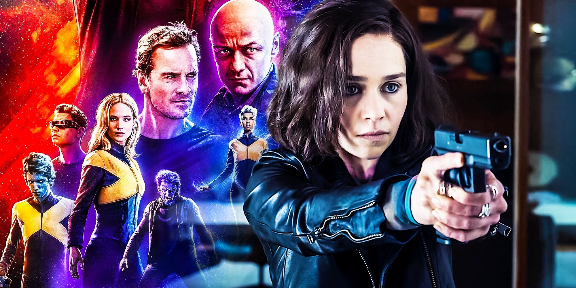 Emilia Clarke as G'iah holding a gun in Secret Invasion alongside characters from the X-Men movies