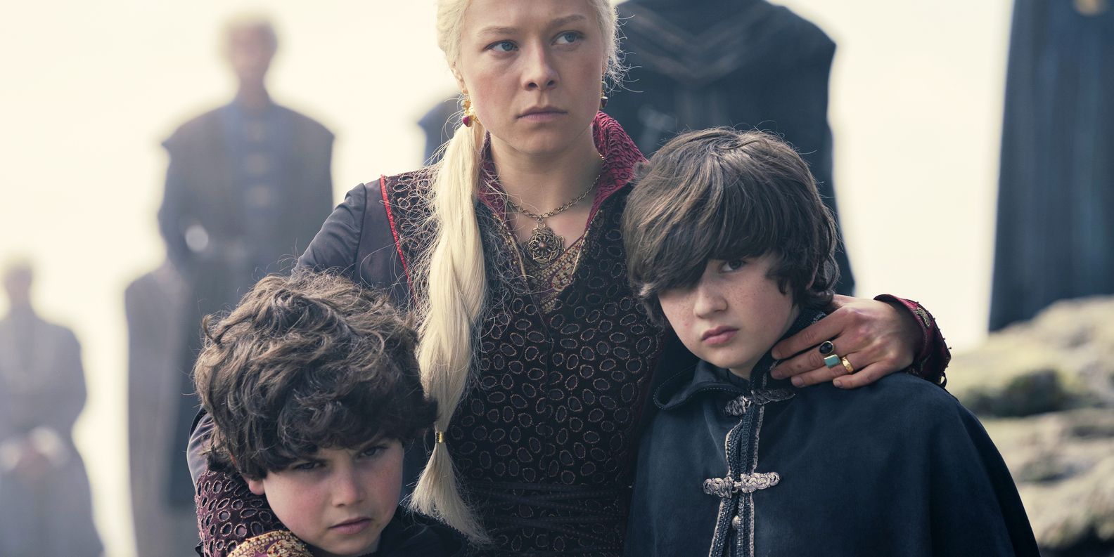 Emma D'Arcy, Leo Hart, and Harvey Sadler as Rhaenyra, Jacaerys, and Lucerys hugging in House of the Dragon episode 7