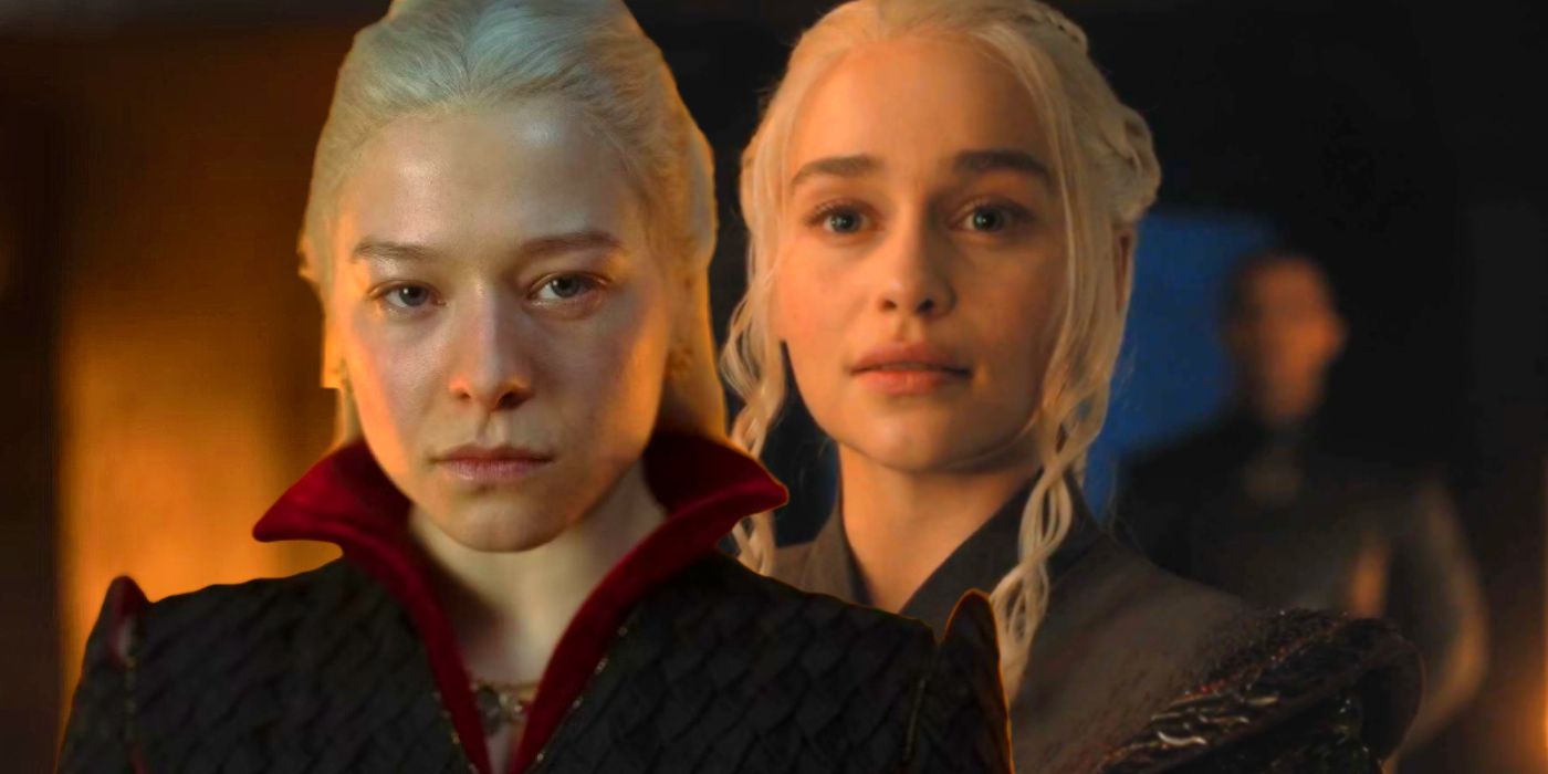 Emma D'Arcy as Rhaenyra Targaryen in House of the Dragon and Emilia Clarke as Daenerys in Game of Thrones