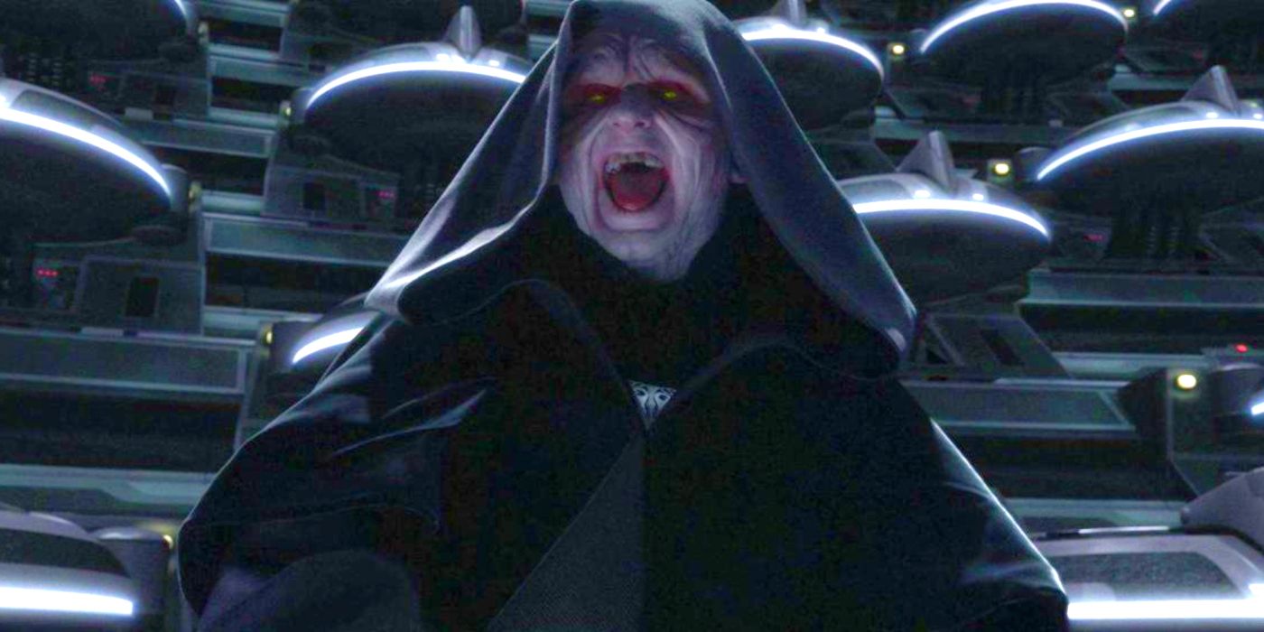 Emperor Palpatine in the Senate in Revenge of the Sith after his transformation, smiling darkly
