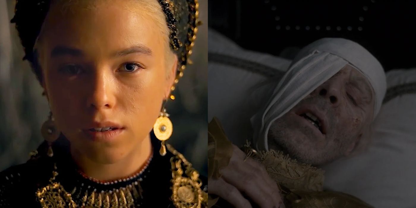 Young Rhaenyra alongside an image of a sick Viserys in House of the Dragon. 