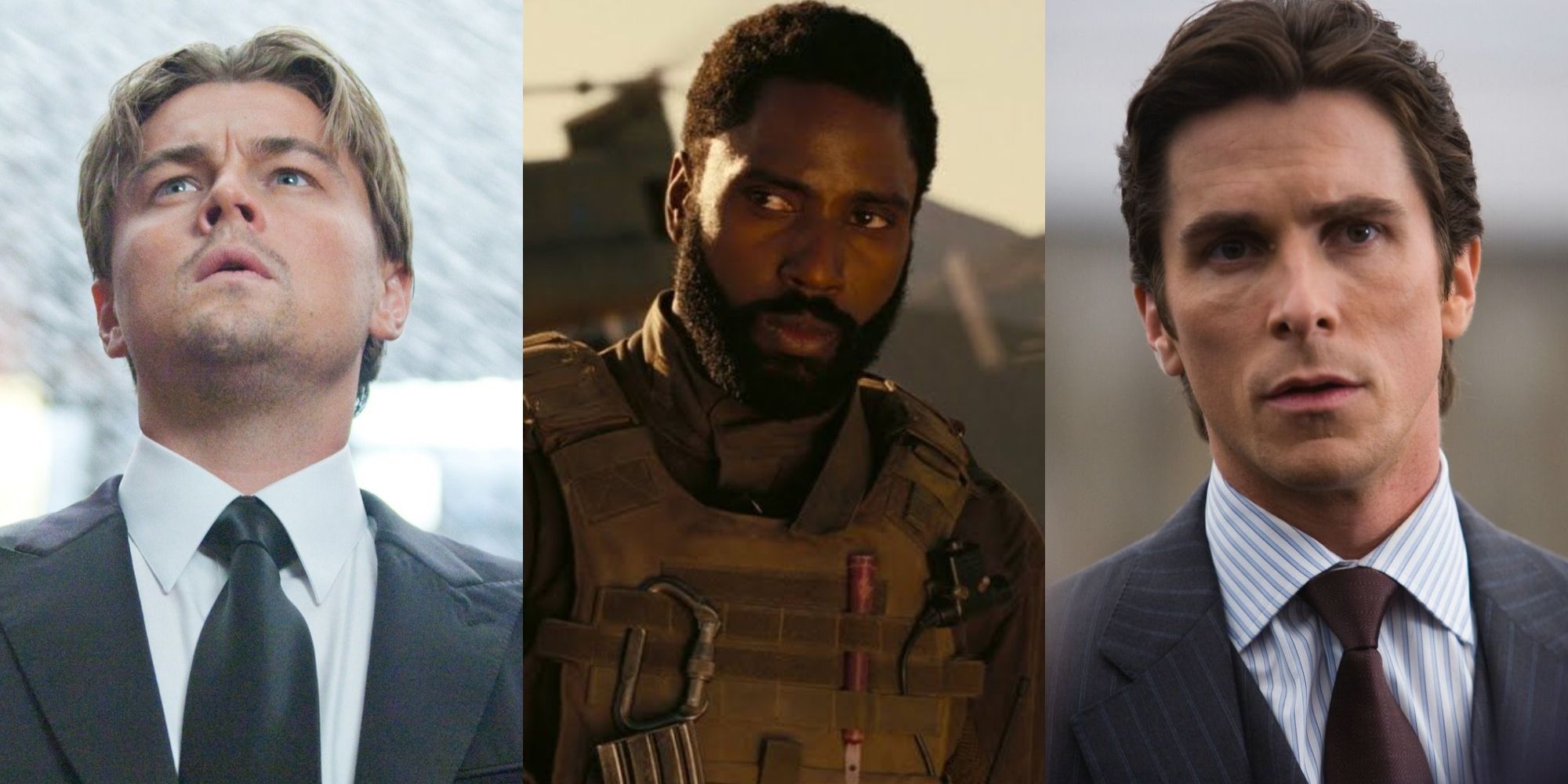 Leonardo DiCaprio, John David Washington, and Christian Bale in Christopher Nolan films