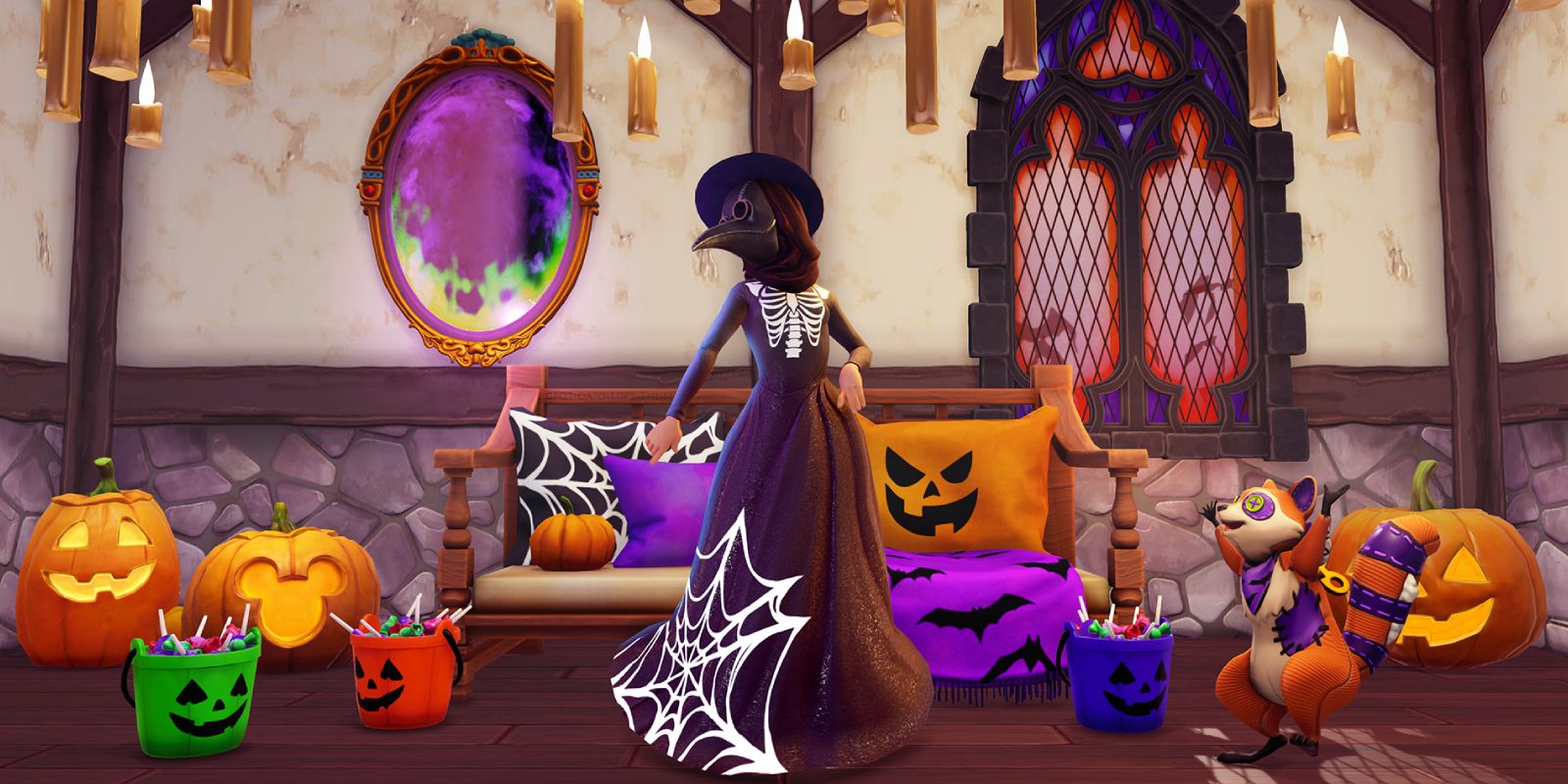 A Disney Dreamlight Valley player surrounded by Halloween decorations and outfits.