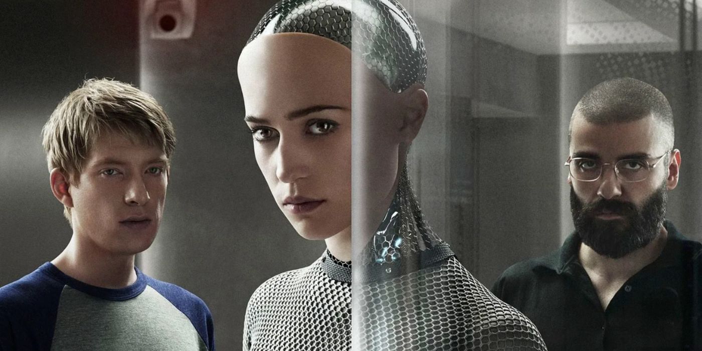 Pôster promocional de Ex Machina apresentando o programador Domhnall Gleeson como Caleb Smith, Alicia Vikander como o robô Ava e Oscar Isaac como o bilionário Nathan Bateman.