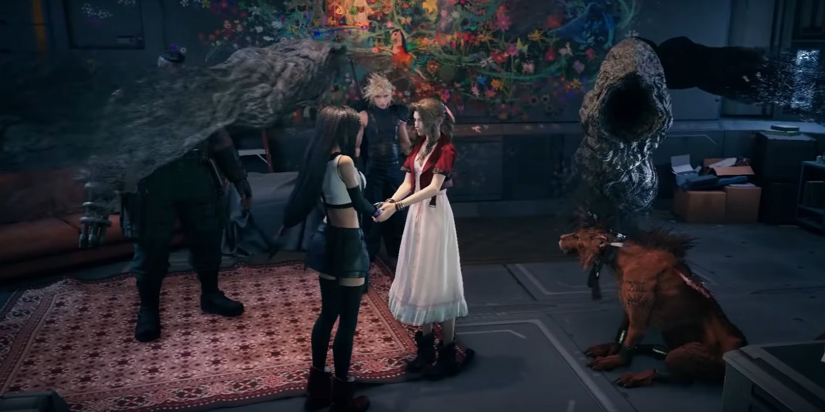 Aerith memegang tangan Tifa sementara party, termasuk Cloud, Barrett, dan Red XIII, membahas Whispers di Final Fantasy 7 Remake.