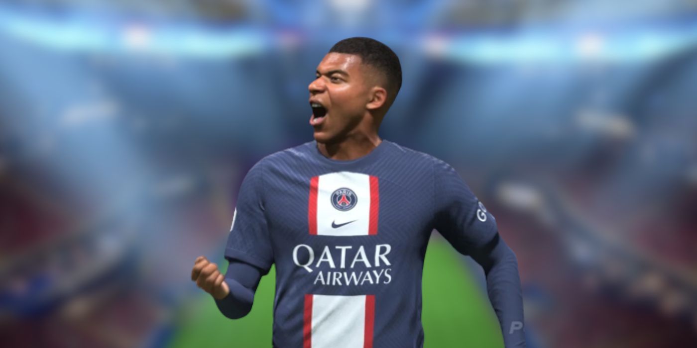 Kylian Mbappe Celebrating a Goal in FIFA 23 with a FUT Stadium in the Background