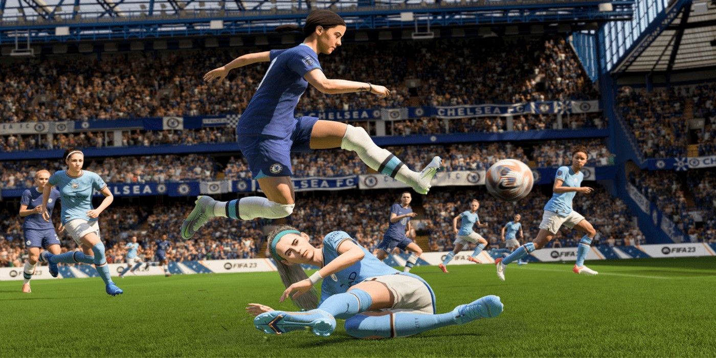 Jogo feminino do FIFA 23, um jogador saltando sobre o outro.