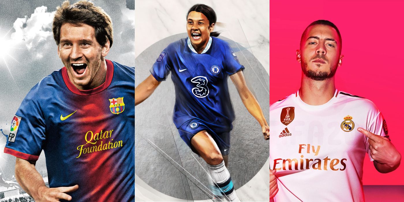 A collage of FIFA covers featuring Lionel Messi, Sam Kerr, and Eden Hazard.