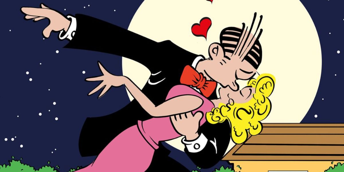 An image of Dagwood kissing Blondie is shown.