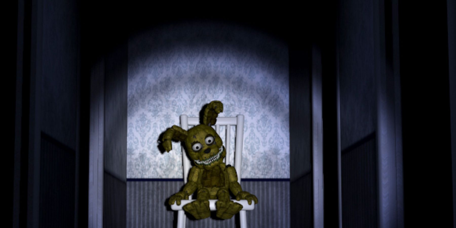 A child's toy sitting on a chair in a closet, illuminated by a flashlight in FNAF 4.