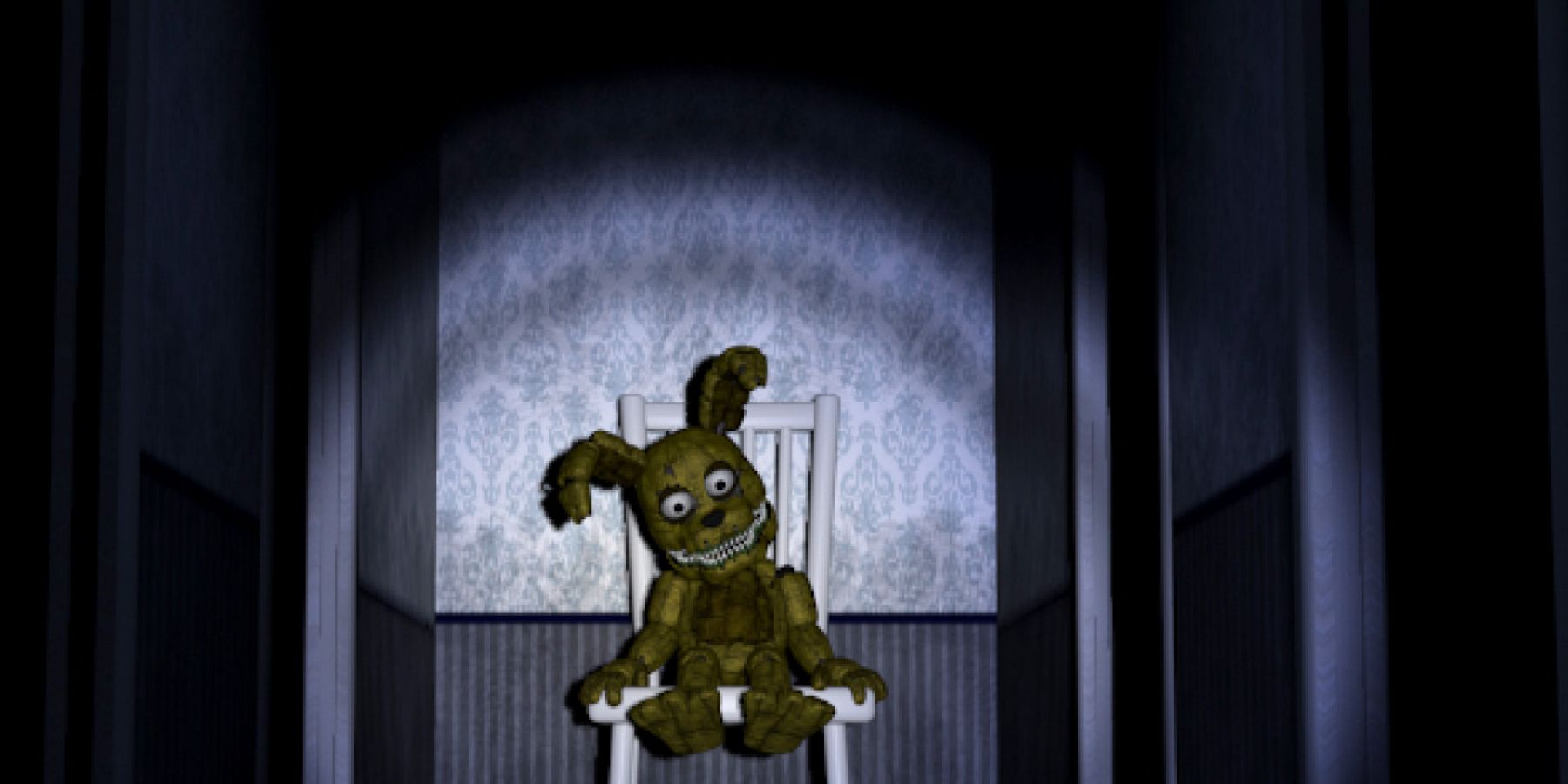 A child&rsquo;s toy sitting on a chair in a closet, illuminated by a flashlight in FNAF 4.
