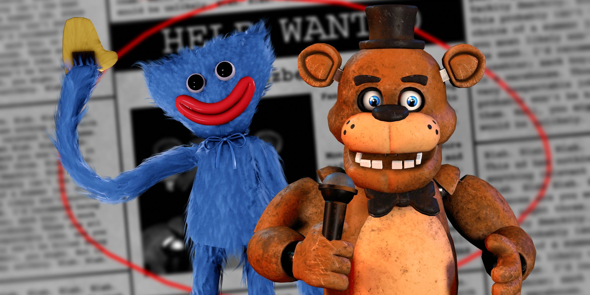 Freddy Fazbear from FNAF and Huggy Wuggy from Poppy Playtime in front of a newspaper collectible from Five Nights At Freddy's.