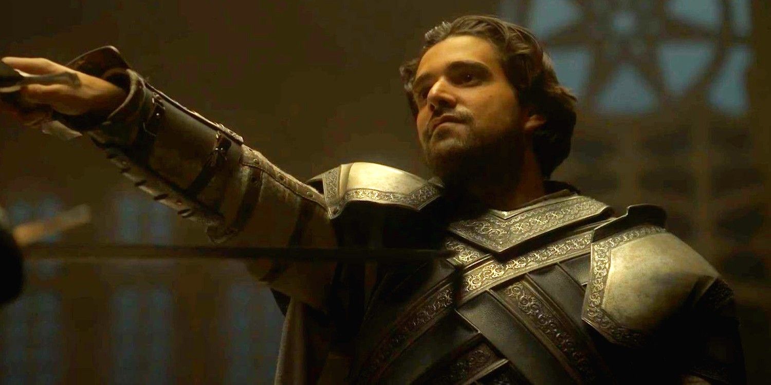 Ser Criston Cole pointing his sword at someone in House of the Dragon.