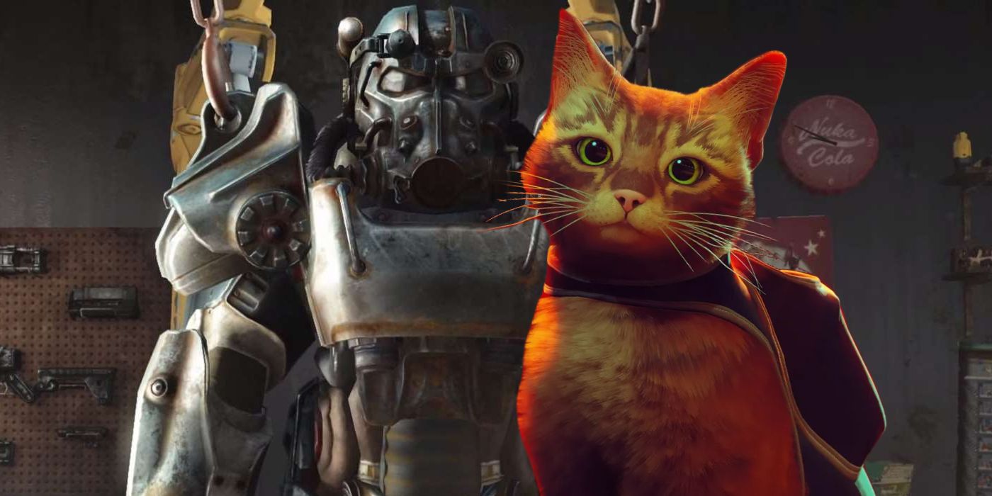 Image of Power Armor from Fallout 4 with ginger cat from Stray pasted to the right.