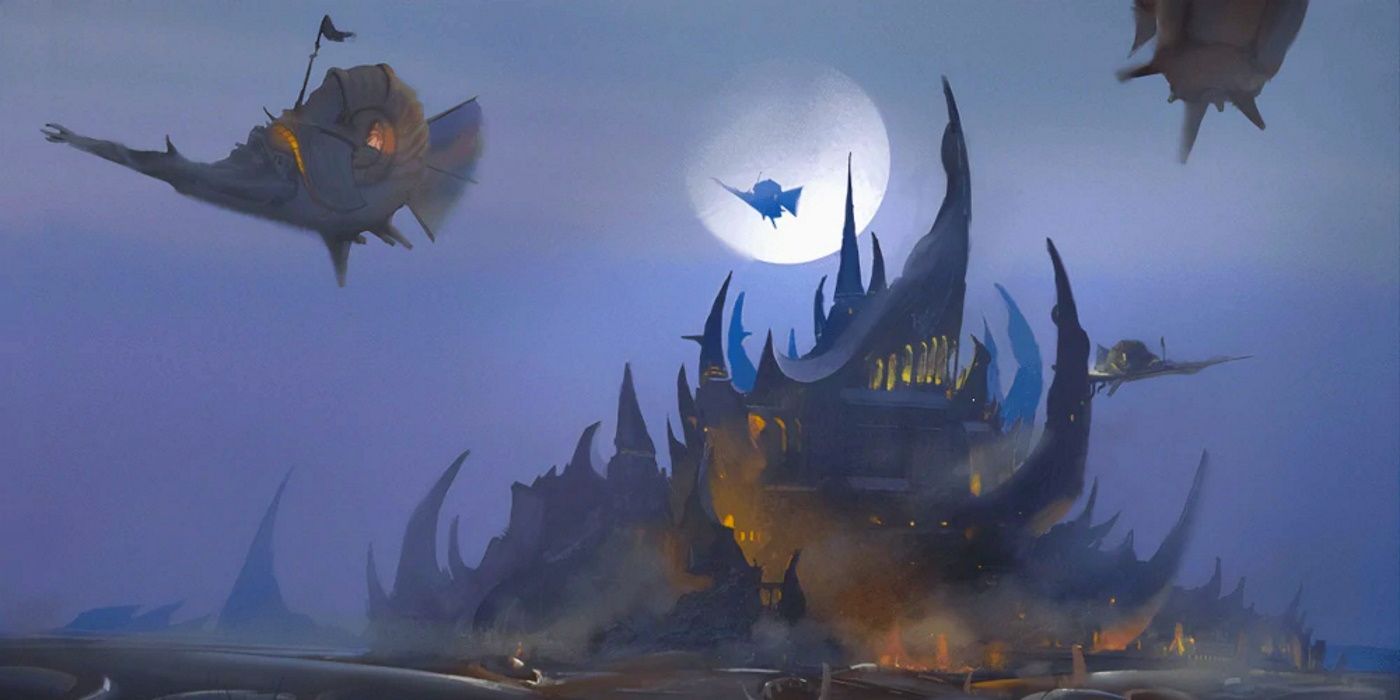 Artwork of D&D's Far Realm, showing a fortress with many spires and airships above.