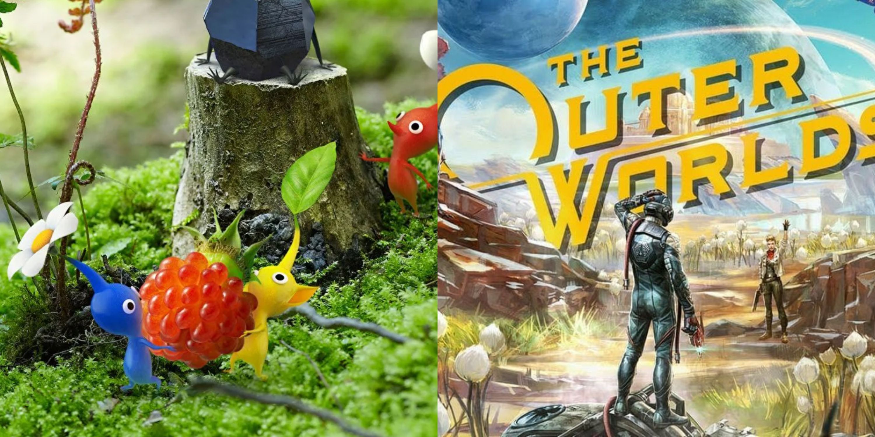 Featured image artwork for Pikmin 3 Deluxe with two Pikmin carrying a berry and the cover for The Outer Worlds
