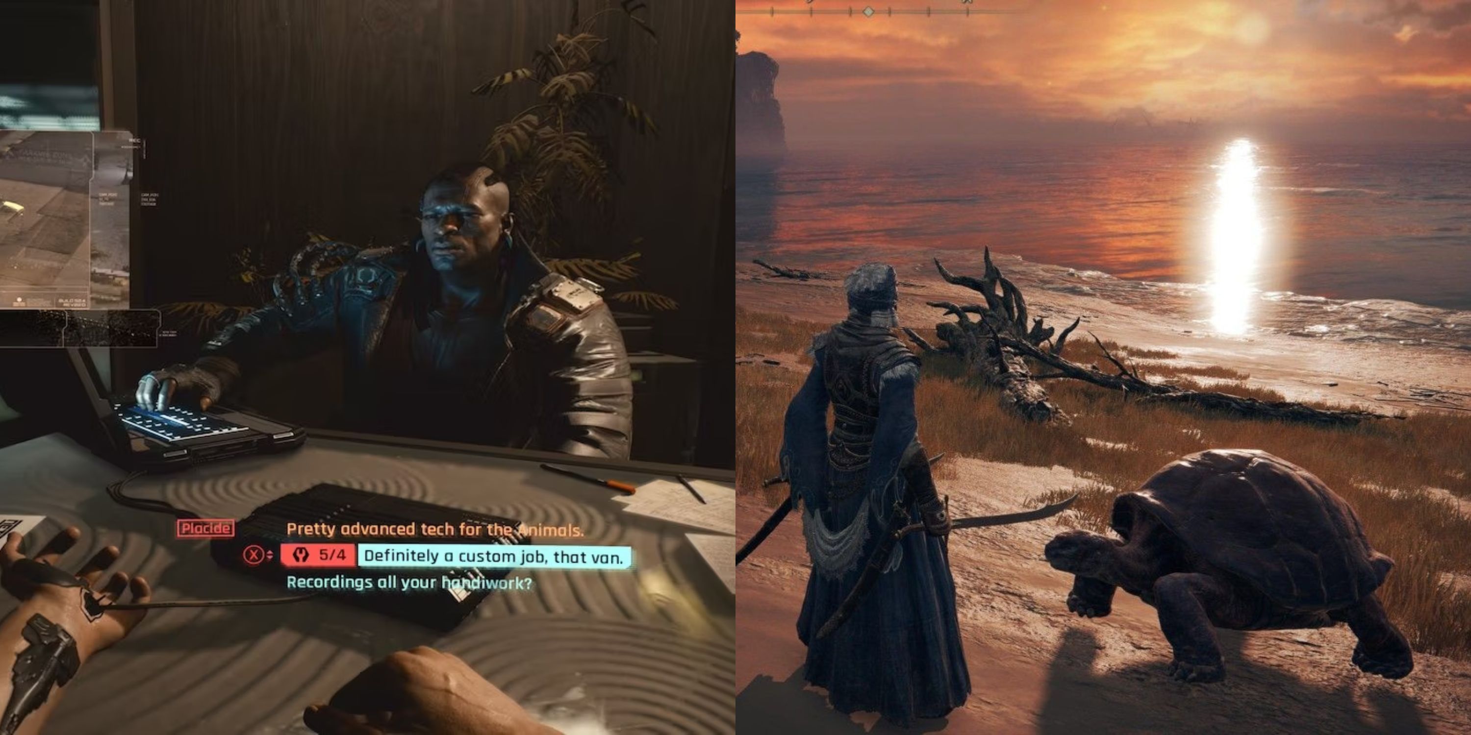 Featured image split dialogue options in Cyberpunk 2077 and the player on a beach in Elden Ring